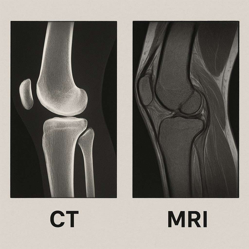 Comparison images showing same body part on CT vs MRI, highlighting different tissue visibility