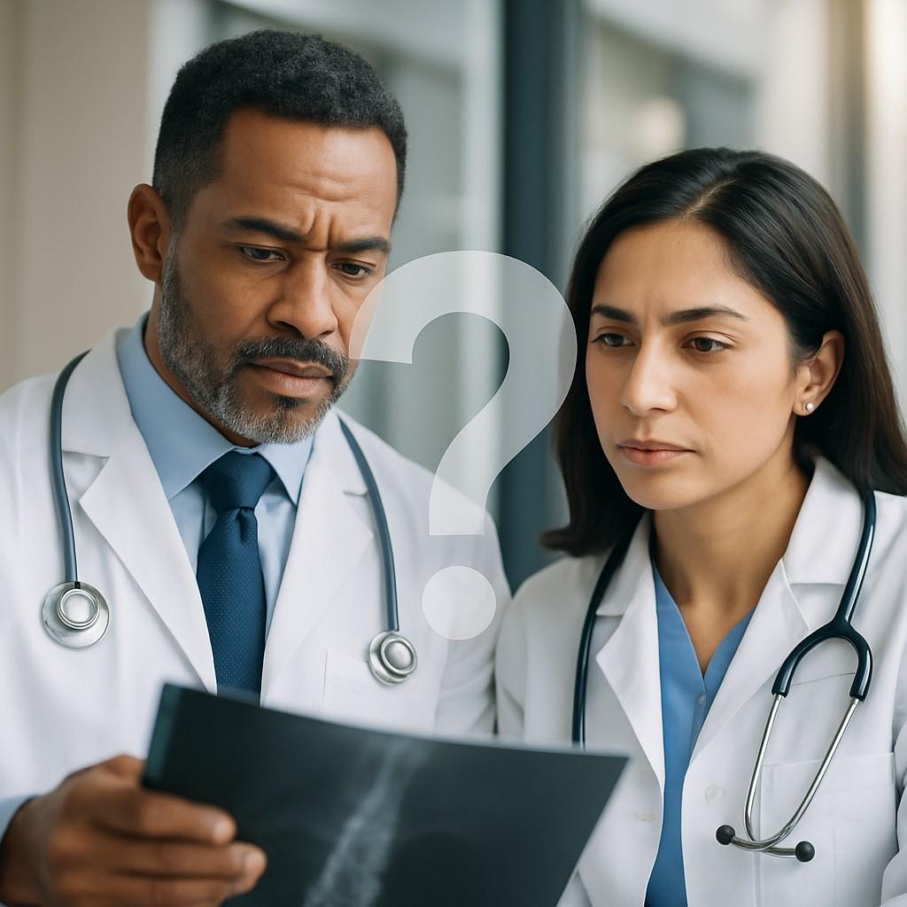 Image of two doctors consulting with a question mark overlay