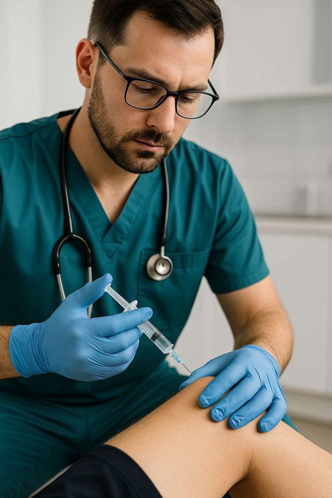 Doctor Administering Joint Injection in Clinic