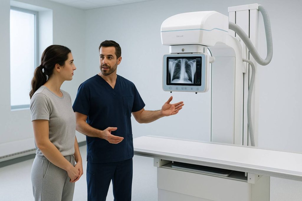 High-quality image of a modern, clean X-ray machine in a medical setting, or a doctor consulting with a patient.
