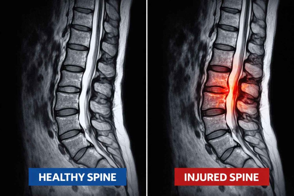 Comparison graphic showing an MRI image of a healthy spine vs. an injured spine in Beaumont TX