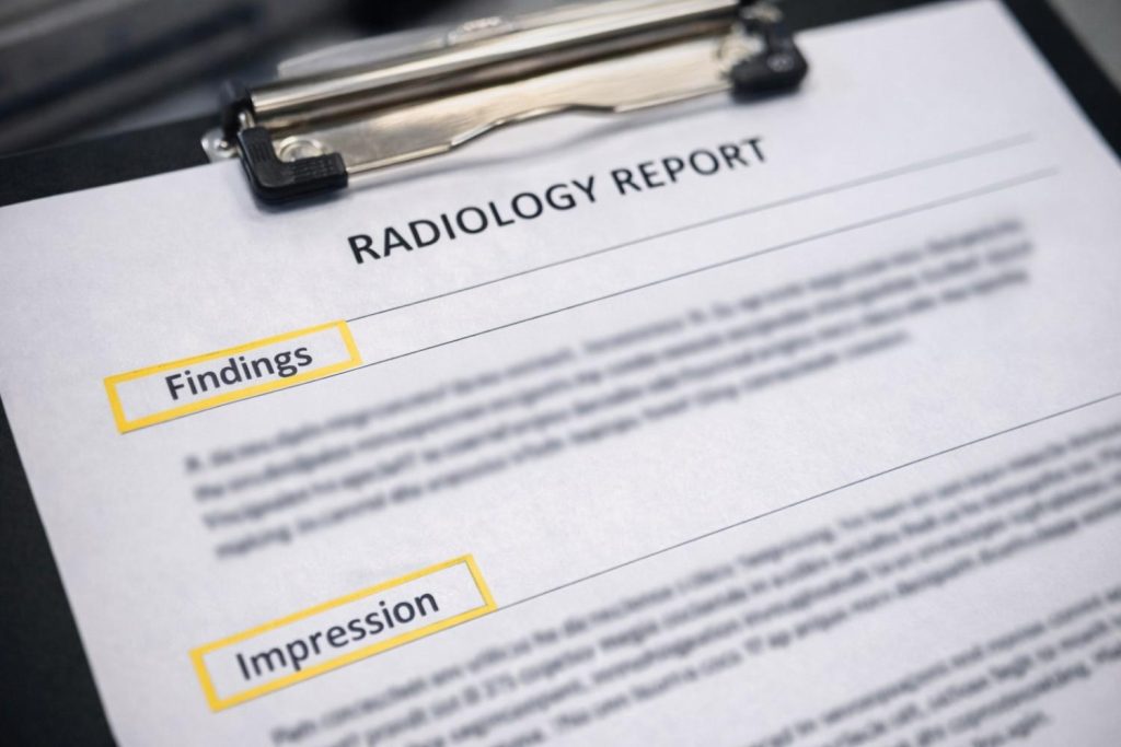 Radiology report close-up with highlights