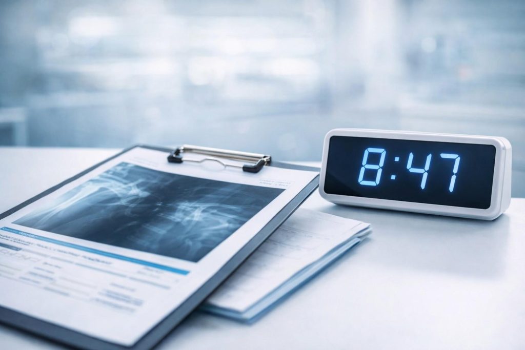 A close-up of a modern digital clock beside medical imaging paperwork on a clipboard.