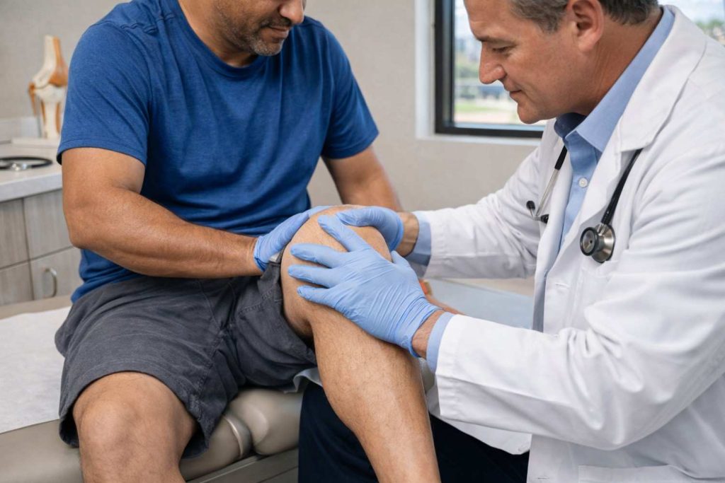 Doctor examining knee joint in clinic Beaumont TX