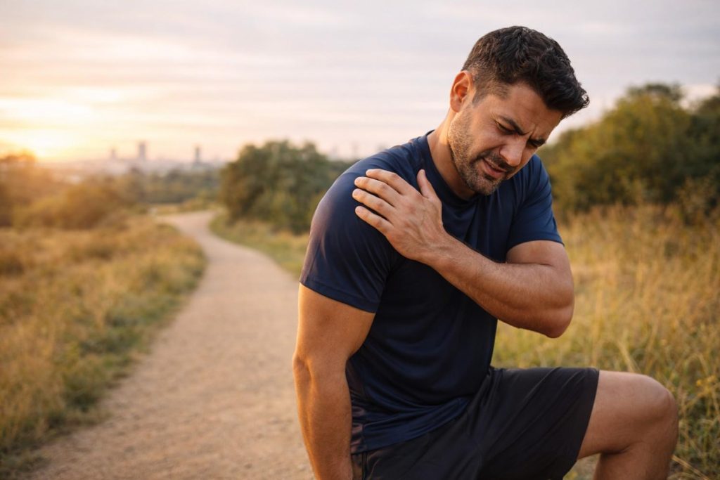 Athlete in pain on a sunset trail