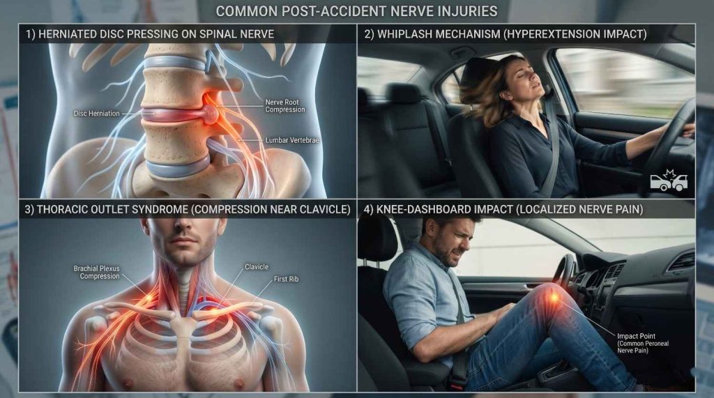 Infographic showing common post-accident nerve injuries including herniated disc compressing spinal nerves, whiplash neck hyperextension, thoracic outlet syndrome near clavicle, and knee dashboard impact causing localized nerve pain.