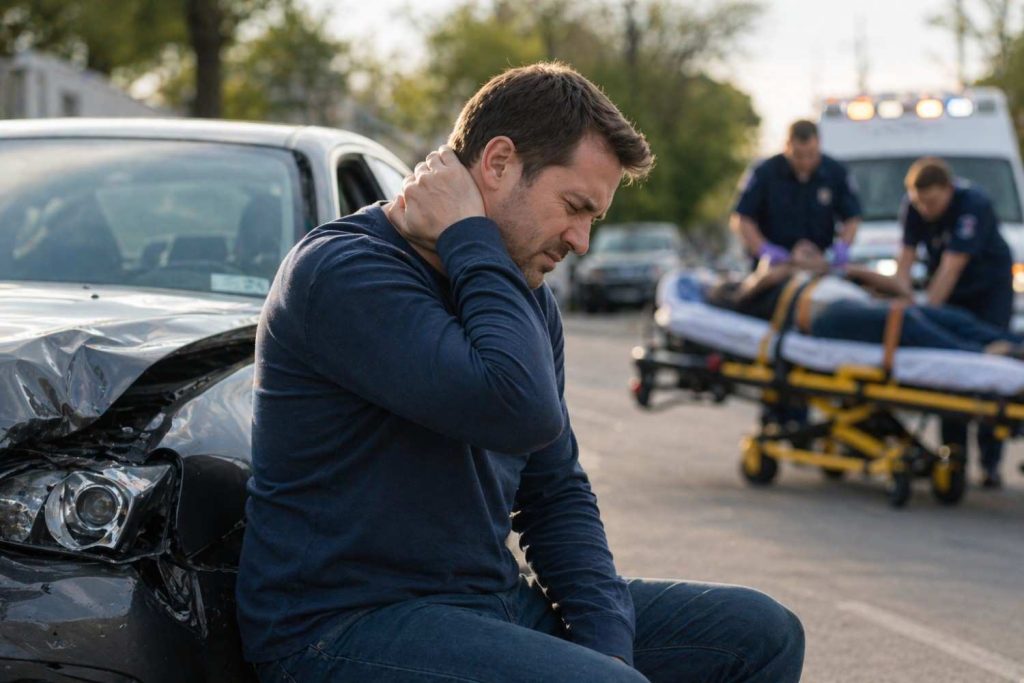 A man sits beside a damaged car after an accident, holding his neck in pain while emergency responders treat an injured person on a stretcher in the background, with an ambulance nearby and soft natural daylight creating a realistic, urgent roadside scene.