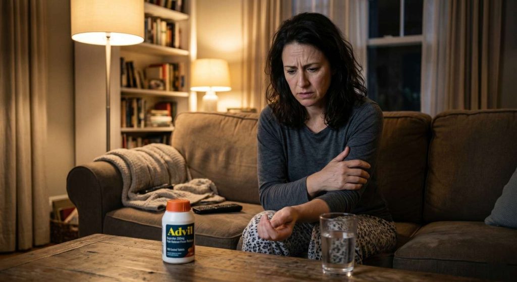 A medium shot photo of a pained, concerned woman clutching her right wrist as she sits on a living room couch. In the foreground on a wooden coffee table, an Advil bottle and a glass of water are positioned. The room is warmly lit by lamps at night, with a blurred bookshelf in the background. She wears a grey top and patterned pajama pants.