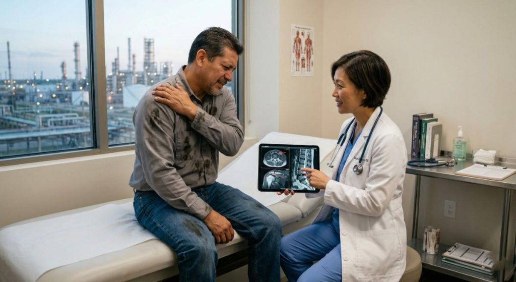 Pain doctor reviewing MRI with industrial worker patient at Beaumont TX injury clinic