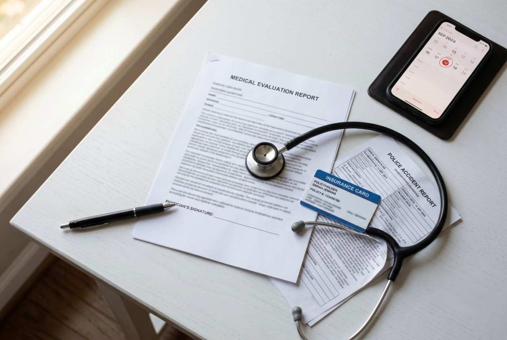 Medical evaluation report with insurance documents and police report on desk representing car accident documentation in Beaumont TX