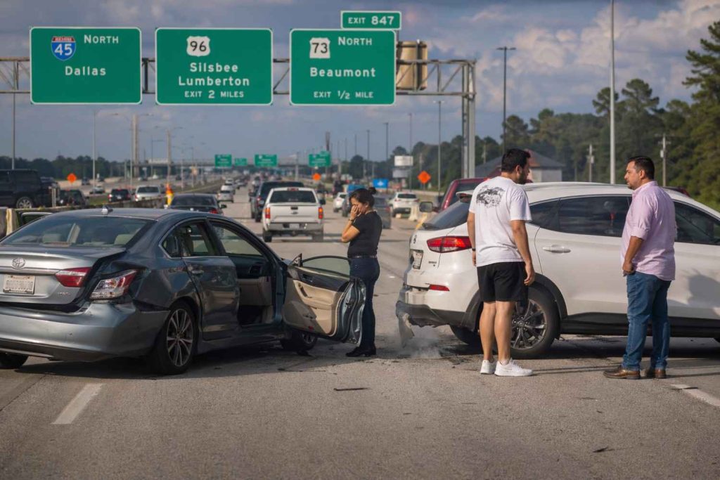 A man stands beside a damaged car after an accident, calmly holding his neck while a subtle glowing overlay highlights muscle strain and pain along his neck and spine, with a softly blurred background and natural daylight creating a realistic medical visualization scene.