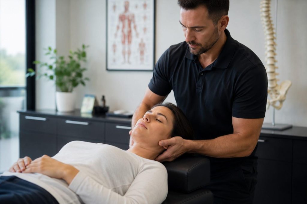 Chiropractor performing cervical therapy for long-term whiplash recovery after a car accident injury.