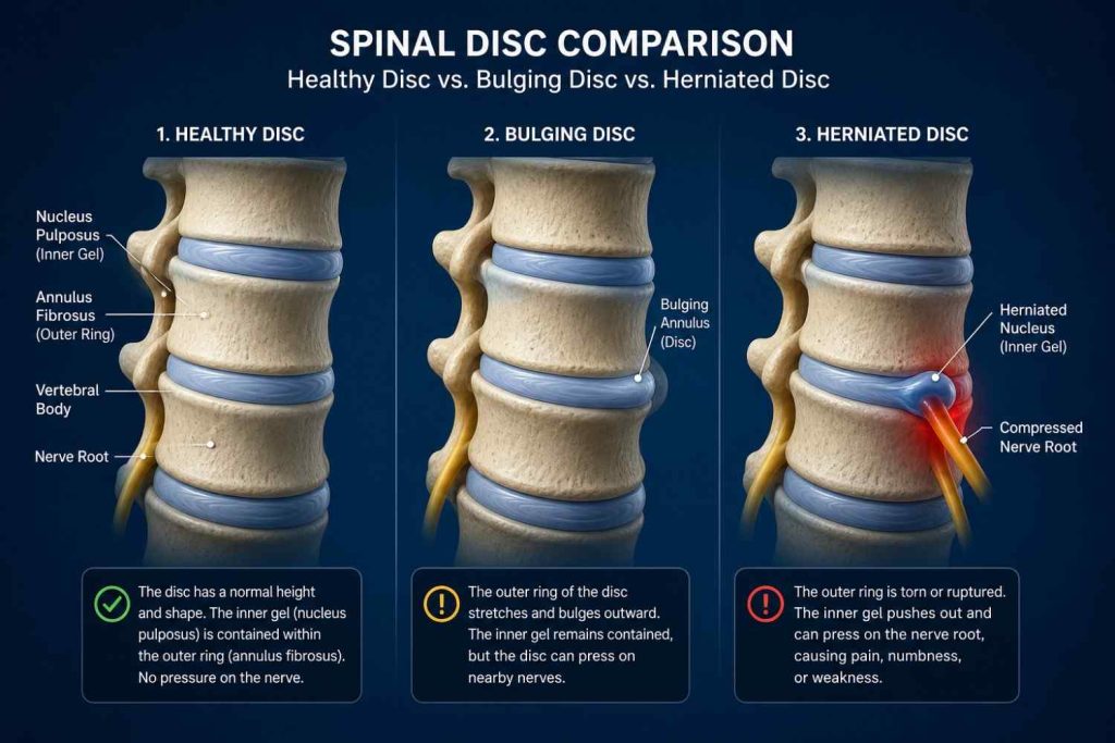 3D medical illustration comparing healthy disc, bulging disc, and herniated disc with nerve compression highlighted