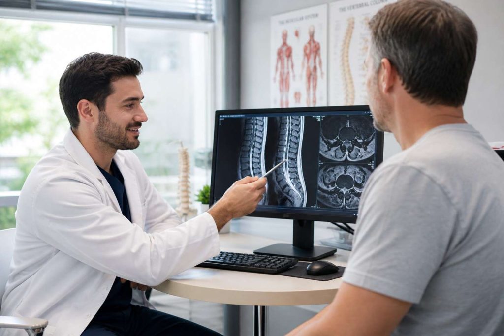 Doctor pointing at spine MRI on computer screen while explaining diagnosis to patient in a modern clinic in Beaumont TX