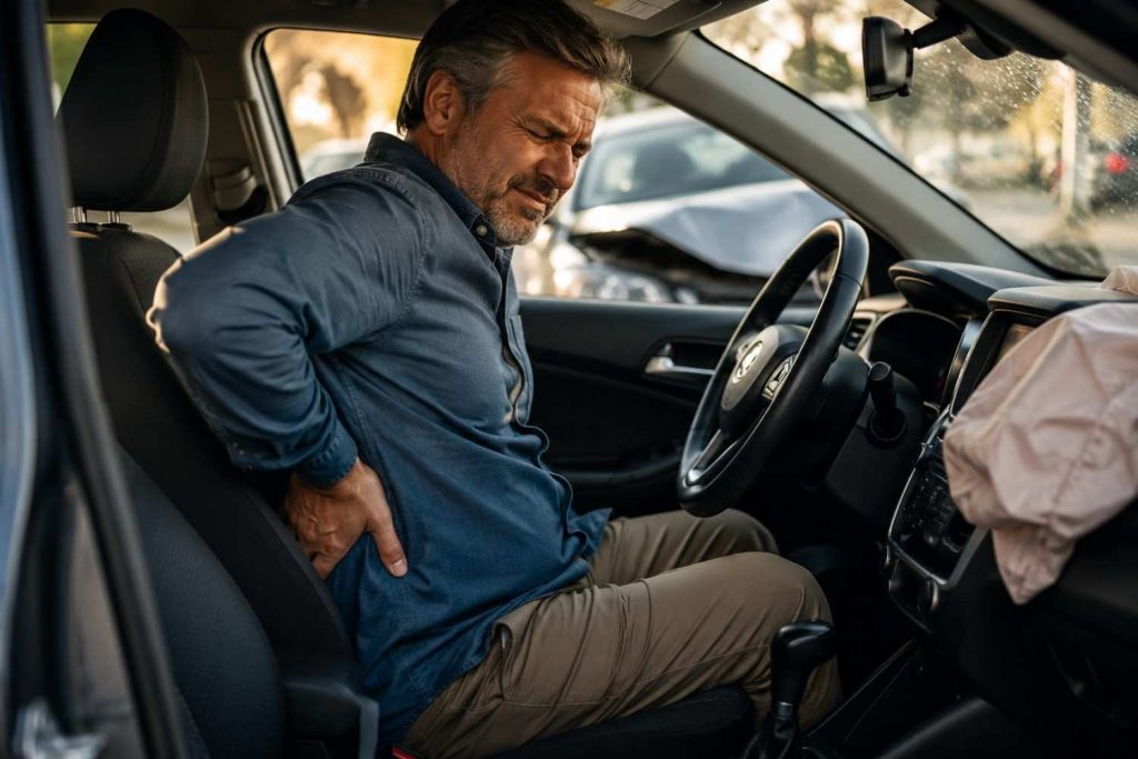 Middle-aged driver sitting inside a modern car in Beaumont, Texas after a minor collision, holding their lower back and neck in pain while looking emotionally distressed. Slight vehicle damage is visible through the windshield, with warm cinematic lighting and a realistic healthcare-focused atmosphere.