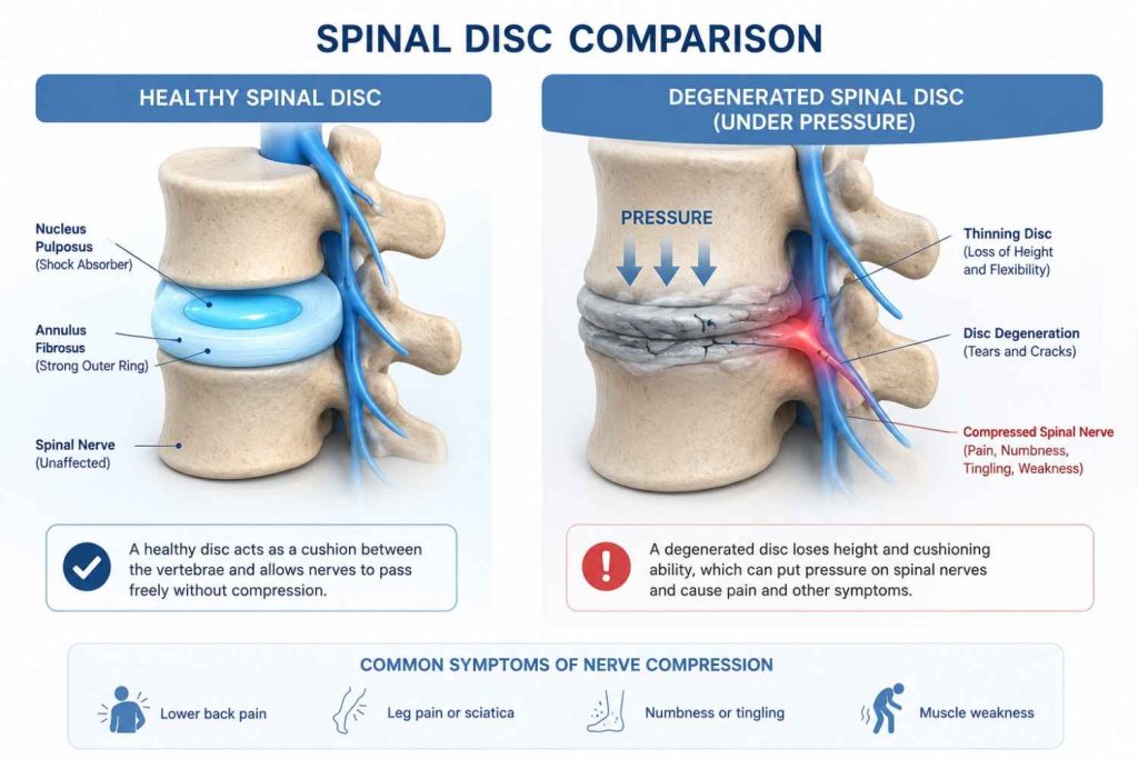 3D medical illustration comparing a healthy spinal disc and a degenerated spinal disc under pressure, showing spinal nerve compression, disc thinning, and common symptoms like lower back pain, numbness, tingling, and muscle weakness in a clean clinical blue-and-white design.