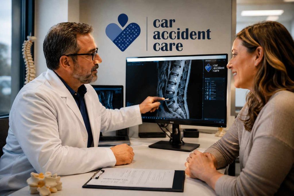 Auto injury doctor in a modern Beaumont medical clinic explaining a spinal MRI scan to a patient, with the Car Accident Care logo displayed on the wall. The patient appears relieved while reviewing spine imaging results in a bright, professional healthcare setting