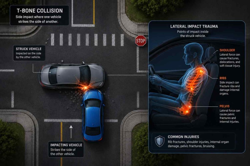 Educational infographic comparing rear-end, T-bone, and head-on collision injuries, highlighting common neck, rib, spine, and lower back trauma after car accidents.