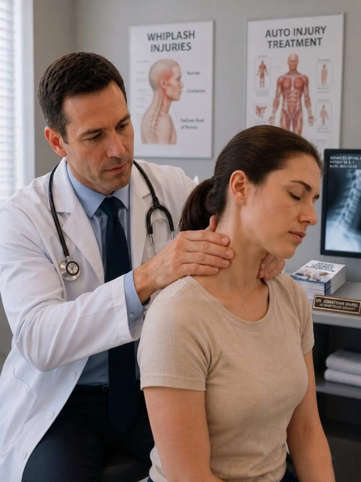 Multidisciplinary auto-injury care team reviewing an accident patient's imaging and treatment plan