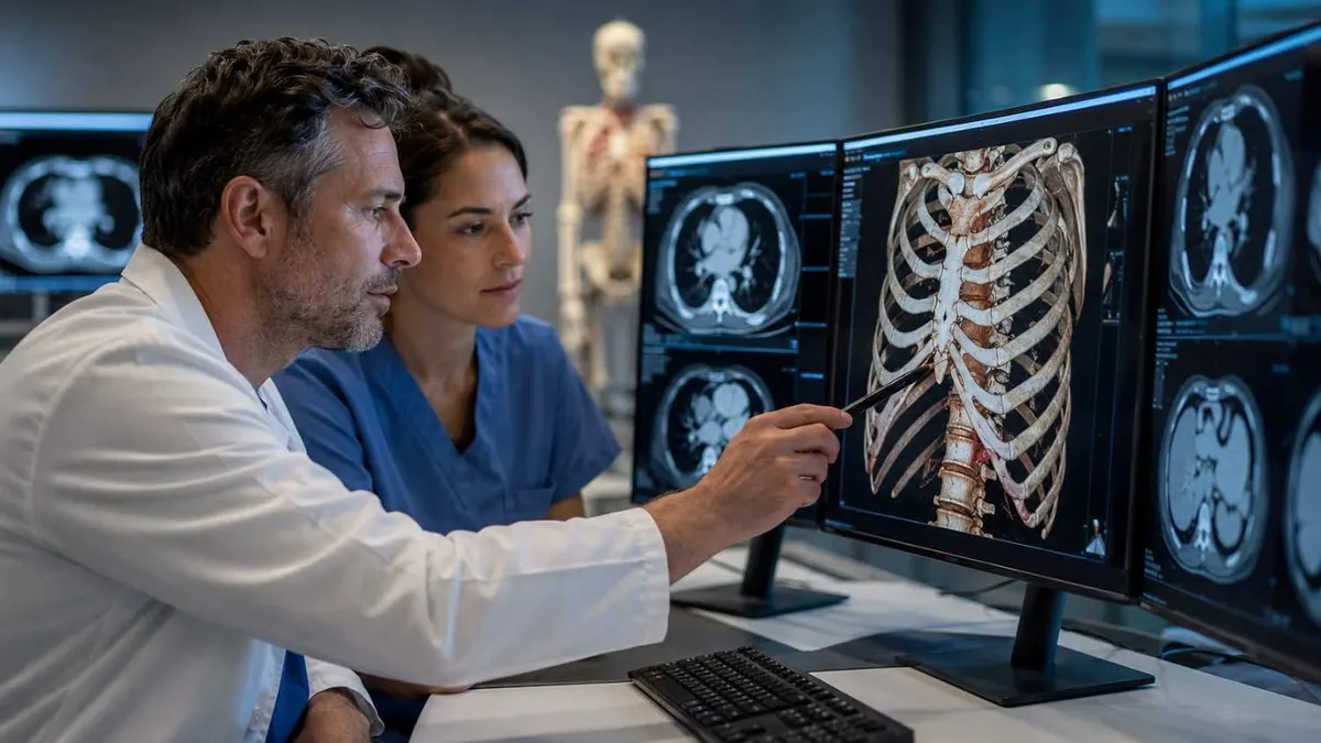 Radiologist reviewing CT scan slices of the head and cervical spine on a workstation