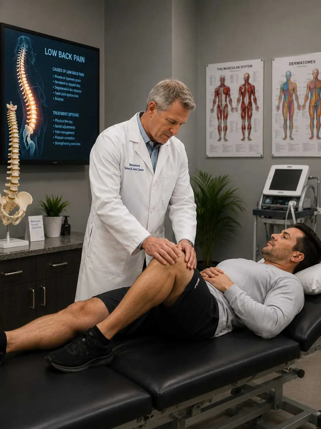 Illustration of dashboard-impact mechanism with lower back and knee injury sites highlighted