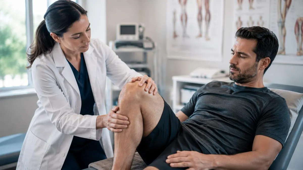 Therapist guiding a patient through controlled movement for a post-accident shoulder strain